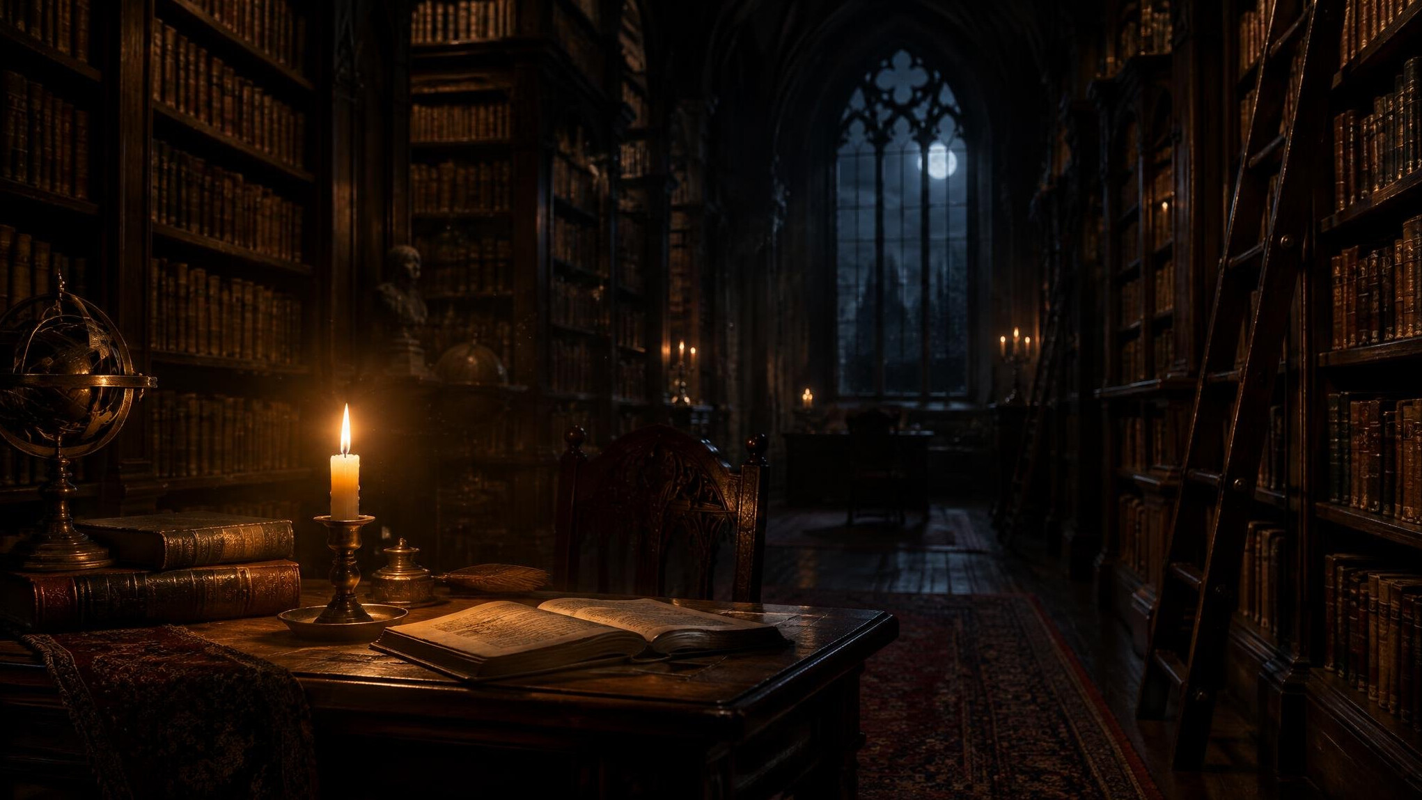Old library at night with candlelight and mysterious atmosphere