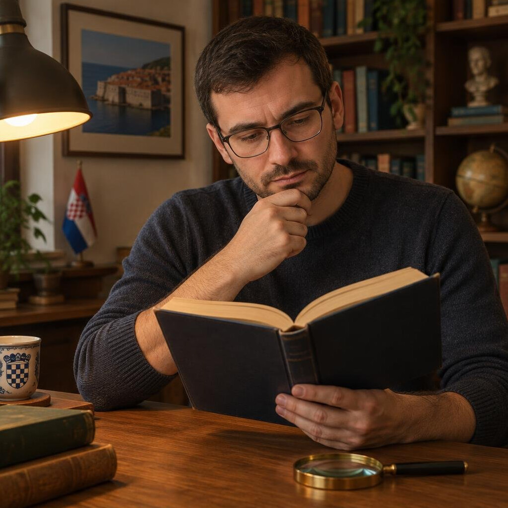 Man holding an open book with a magnifying glass nearby