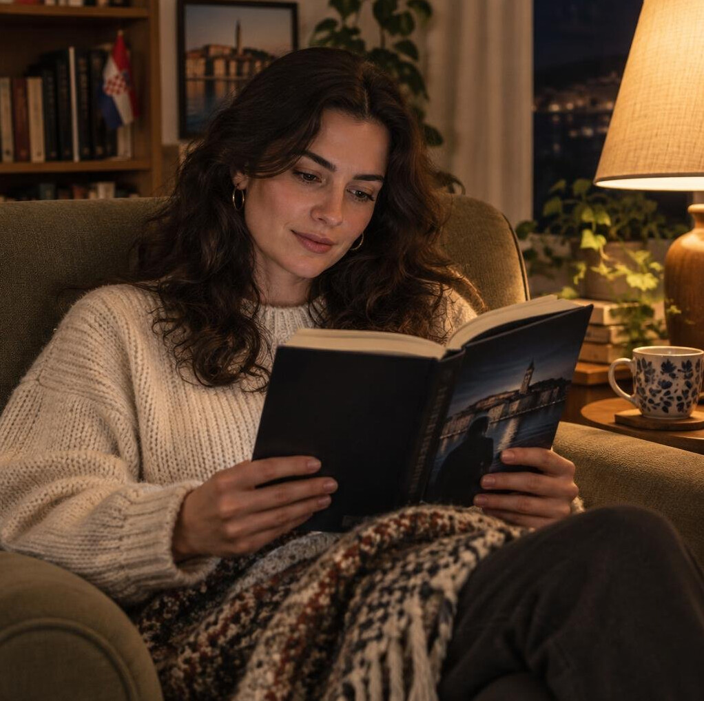 Young woman reading a mystery novel by lamplight