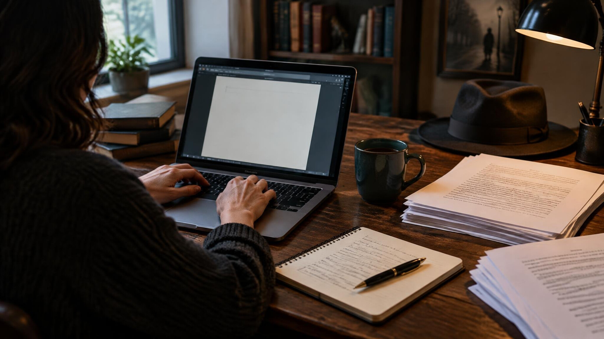 writer at desk with notebook