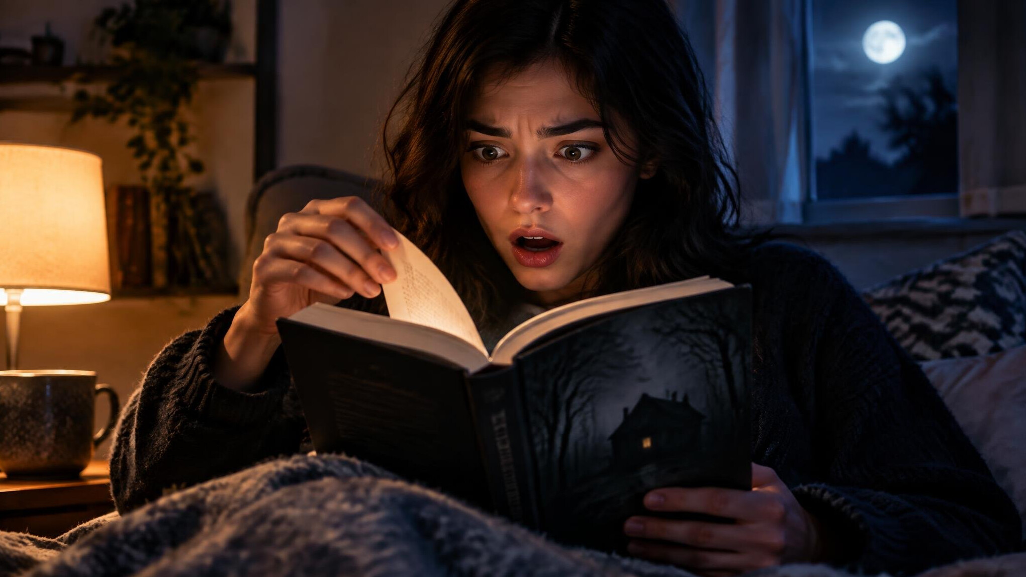 shocked reader with mystery book