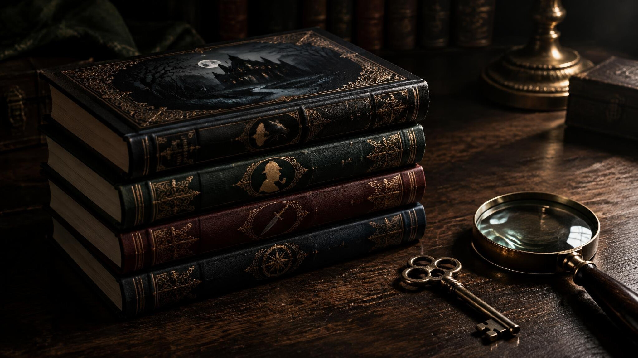 Stack of hardcover mystery novels on a dark wooden table