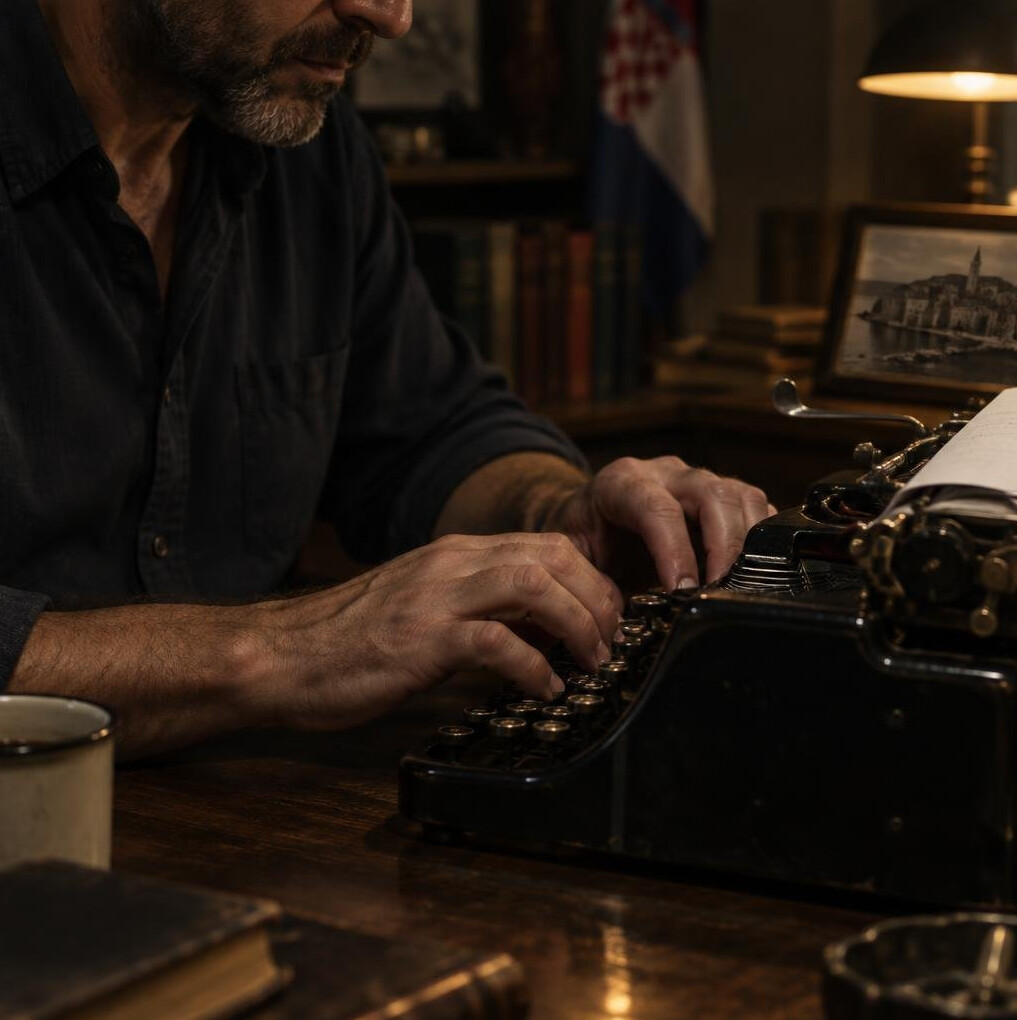 Writer's hands typing on a vintage typewriter