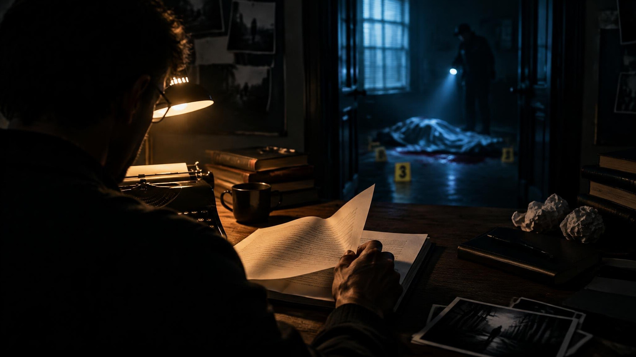 mystery writer at desk