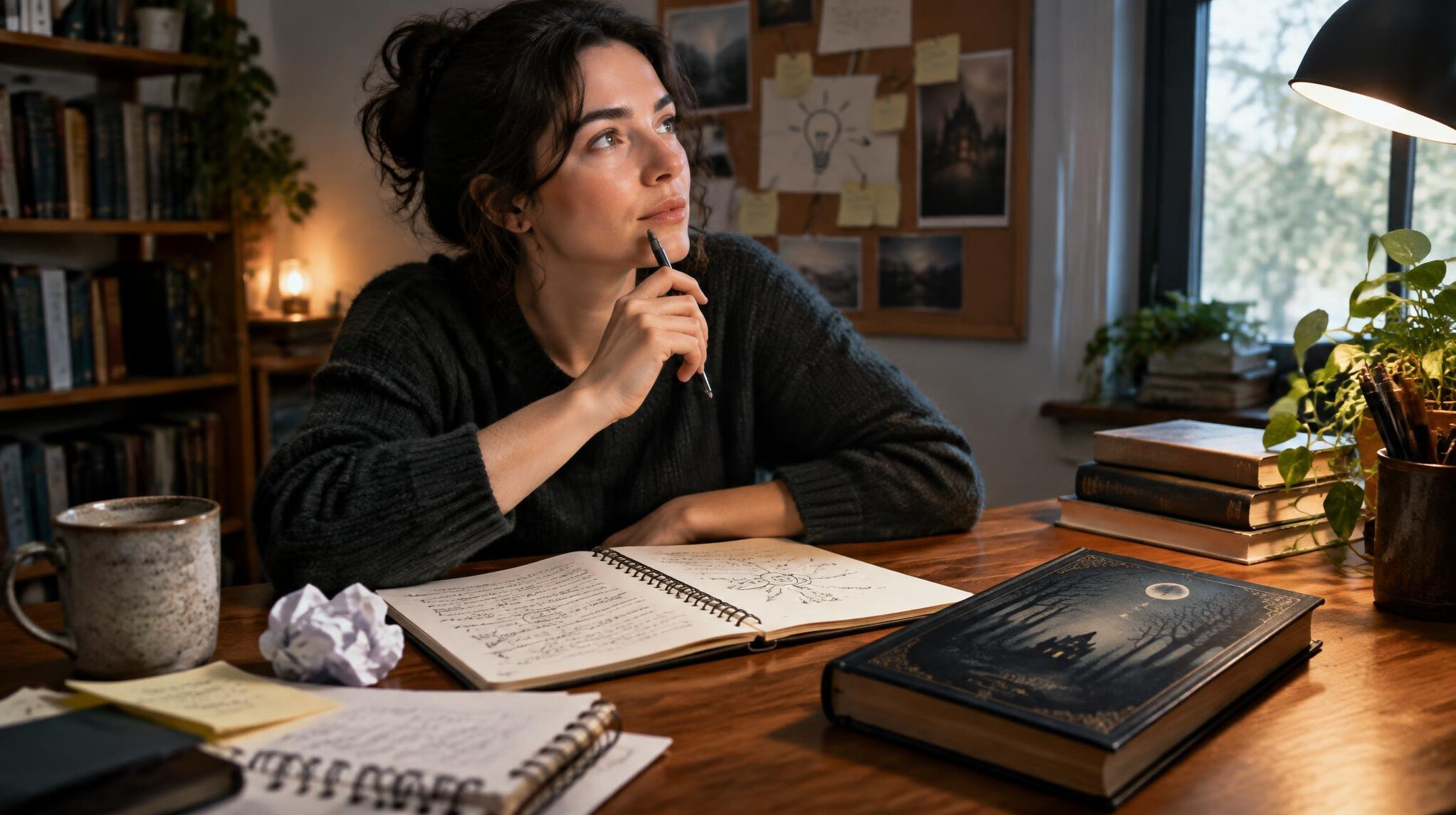 writer at desk with notes