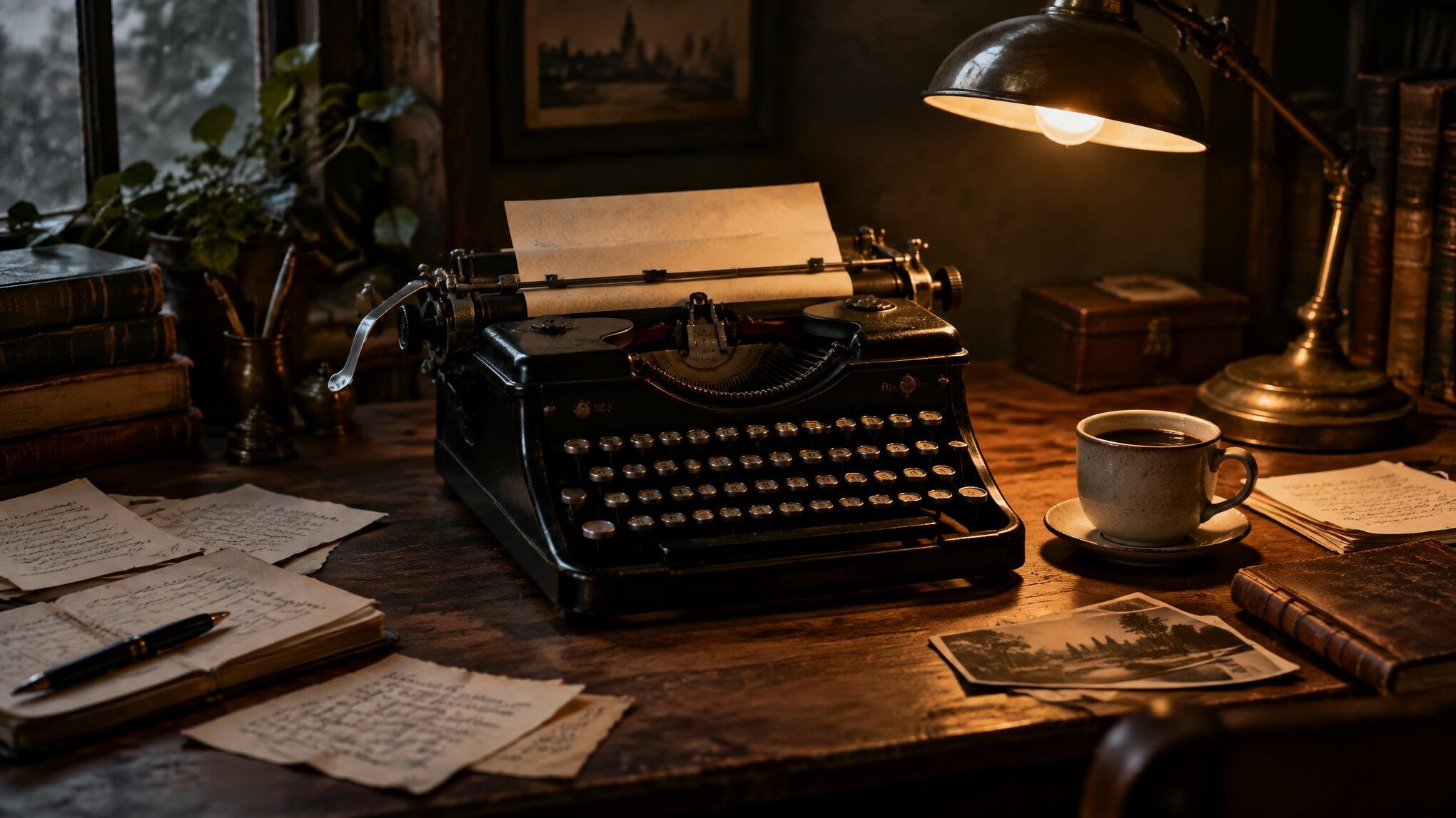 Vintage typewriter on a wooden desk with scattered notes