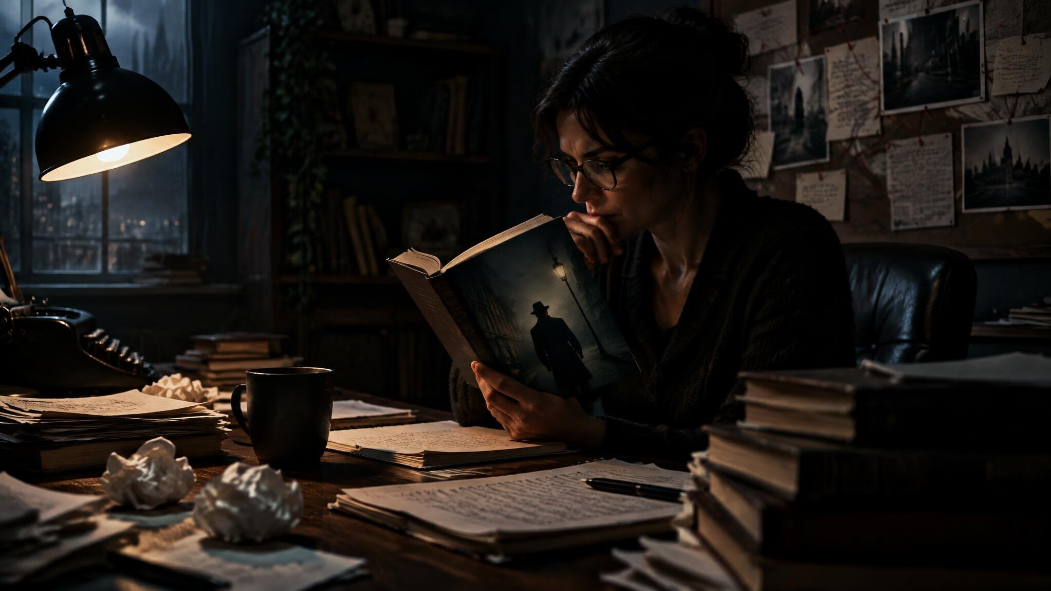 mystery writer at desk